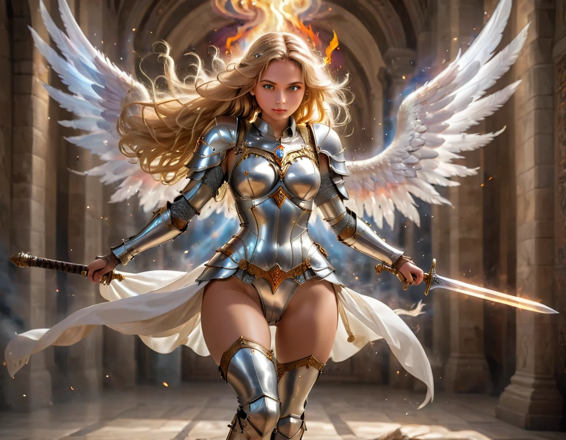 a ((medieval masterwork fresco art: 1.5)) Italian renaissance style, of a 1female angel knight, spread angelic wings, glowing halo soft light, full body shot, ultra detailed face, determined expression, angel of justice and vengeance, blond hair, long hair, dynamic hair style, (wearing armor: 1.2), intricate details, wearing (thigh high heeled boots: 1.1) , (holding divine sword: 1.3), flaming sword, intense details, masterwork sword, dynamic background(Masterpiece: 1.5), Vibrant, Ultra-high resolution, High Contrast, (masterpiece:1.2), highest quality, Best aesthetics), best details, best quality, highres, ultra wide angle, 16k, [ultra detailed], masterpiece, best quality, (extremely detailed), intense gaze, faize, raging nebula, Saint,  drc_style