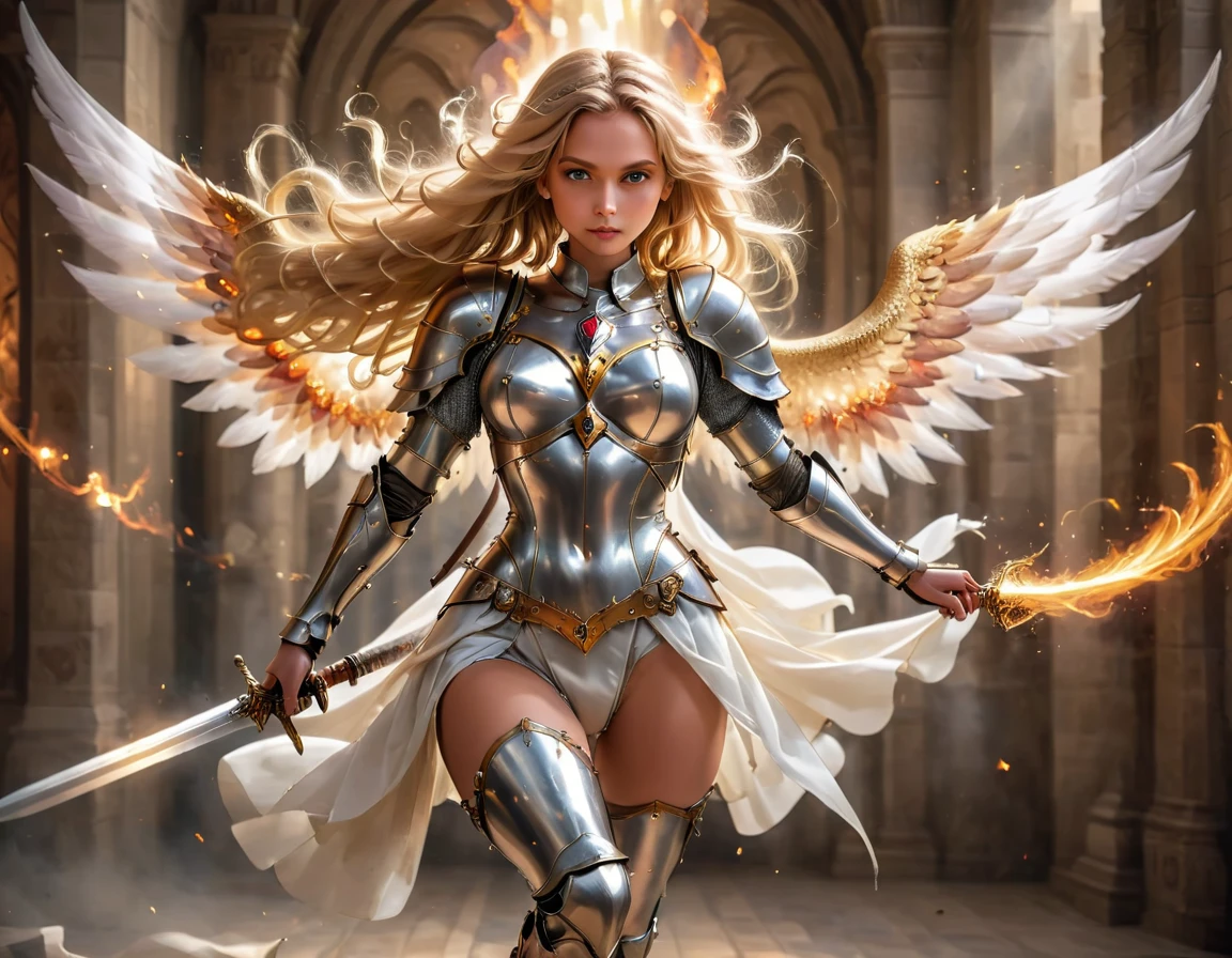 a ((medieval masterwork fresco art: 1.5)) Italian renaissance style, of a 1female angel knight, spread angelic wings, glowing halo soft light, full body shot, ultra detailed face, determined expression, angel of justice and vengeance, blond hair, long hair, dynamic hair style, (wearing armor: 1.2), intricate details, wearing (thigh high heeled boots: 1.1) , (holding divine sword: 1.3), flaming sword, intense details, masterwork sword, dynamic background(Masterpiece: 1.5), Vibrant, Ultra-high resolution, High Contrast, (masterpiece:1.2), highest quality, Best aesthetics), best details, best quality, highres, ultra wide angle, 16k, [ultra detailed], masterpiece, best quality, (extremely detailed), intense gaze, faize, raging nebula, Saint,  drc_style