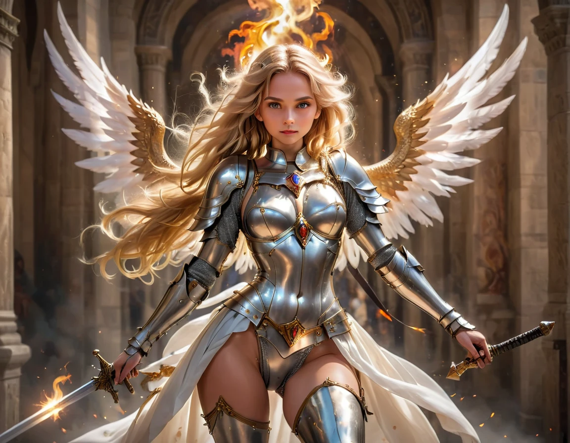 a ((medieval masterwork fresco art: 1.5)) Italian renaissance style, of a 1female angel knight, spread angelic wings, glowing halo soft light, full body shot, ultra detailed face, determined expression, angel of justice and vengeance, blond hair, long hair, dynamic hair style, (wearing armor: 1.2), intricate details, wearing (thigh high heeled boots: 1.1) , (holding divine sword: 1.3), flaming sword, intense details, masterwork sword, dynamic background(Masterpiece: 1.5), Vibrant, Ultra-high resolution, High Contrast, (masterpiece:1.2), highest quality, Best aesthetics), best details, best quality, highres, ultra wide angle, 16k, [ultra detailed], masterpiece, best quality, (extremely detailed), intense gaze, faize, raging nebula, Saint,  drc_style