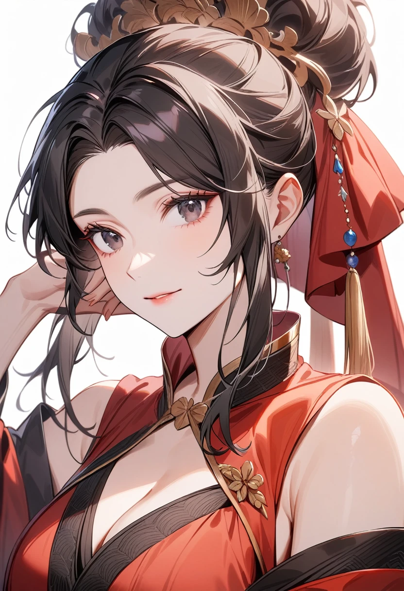 Older women，Black long hair，Hair up，Red Hanfu，Cleavage，Beautiful black eyes，Bare shoulders，Extremely detailed，high resolution，Simple background