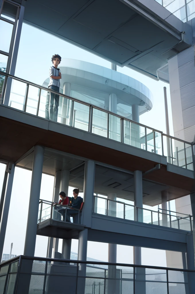 boy sitting on the balcony of a futuristic school