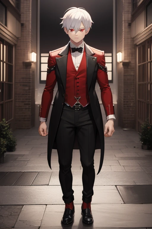 Shoto Todoroki from My Hero Academia, Vampire, incubus, red eyes and white hair, black clothes, black steampunk pants, red shirt, black vest, pale skin. Looking straight at the viewer