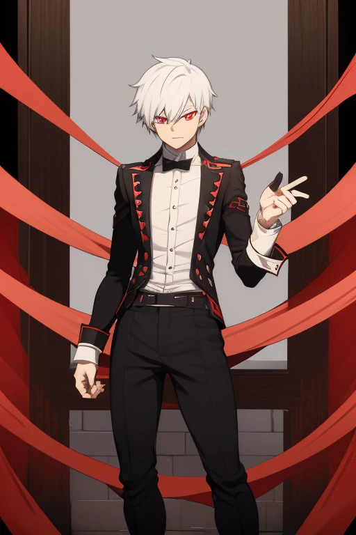 Shoto Todoroki from My Hero Academia, Vampire, incubus, red eyes and white hair, black clothes, black steampunk pants, red shirt, black vest, pale skin. Looking straight at the viewer