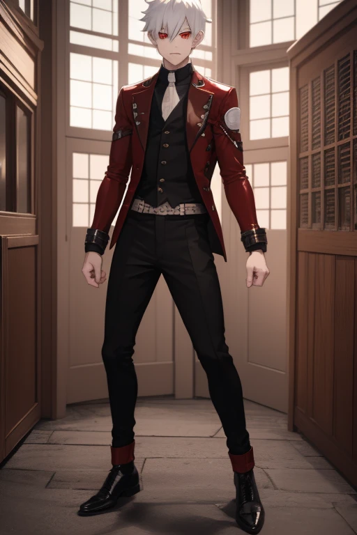 Shoto Todoroki from My Hero Academia, Vampire, incubus, red eyes and white hair, black clothes, black steampunk pants, red shirt, black vest, pale skin. Looking straight at the viewer