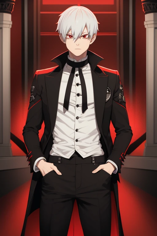 Shoto Todoroki from My Hero Academia, Vampire, incubus, red eyes and white hair, black clothes, black steampunk pants, red shirt, black vest, pale skin. Looking straight at the viewer