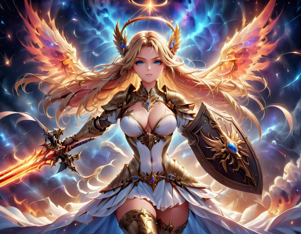 a ((medieval masterwork fresco art: 1.5)) Italian renaissance style, of a 1female angel knight, spread angelic wings, glowing halo soft light, full body shot, ultra detailed face, determined expression, angel of justice and vengeance, blond hair, long hair, dynamic hair style, (wearing armor: 1.2), intricate details, wearing (thigh high heeled boots: 1.1) , (holding divine sword: 1.3), flaming sword, intense details, masterwork sword, dynamic background(Masterpiece: 1.5), Vibrant, Ultra-high resolution, High Contrast, (masterpiece:1.2), highest quality, Best aesthetics), best details, best quality, highres, ultra wide angle, 16k, [ultra detailed], masterpiece, best quality, (extremely detailed), intense gaze, faize, raging nebula, Saint,  drc_style