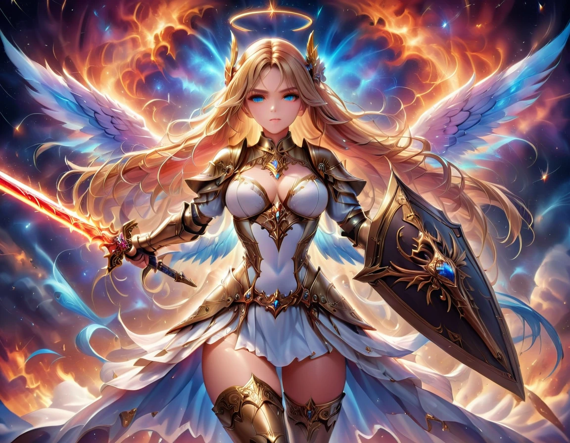 a ((medieval masterwork fresco art: 1.5)) Italian renaissance style, of a 1female angel knight, spread angelic wings, glowing halo soft light, full body shot, ultra detailed face, determined expression, angel of justice and vengeance, blond hair, long hair, dynamic hair style, (wearing armor: 1.2), intricate details, wearing (thigh high heeled boots: 1.1) , (holding divine sword: 1.3), flaming sword, intense details, masterwork sword, dynamic background(Masterpiece: 1.5), Vibrant, Ultra-high resolution, High Contrast, (masterpiece:1.2), highest quality, Best aesthetics), best details, best quality, highres, ultra wide angle, 16k, [ultra detailed], masterpiece, best quality, (extremely detailed), intense gaze, faize, raging nebula, Saint,  drc_style