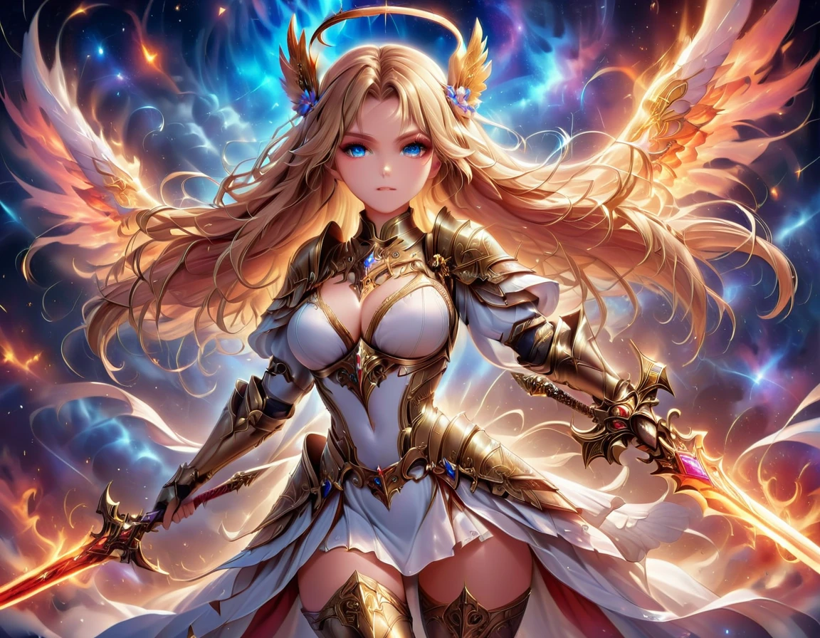 a ((medieval masterwork fresco art: 1.5)) Italian renaissance style, of a 1female angel knight, spread angelic wings, glowing halo soft light, full body shot, ultra detailed face, determined expression, angel of justice and vengeance, blond hair, long hair, dynamic hair style, (wearing armor: 1.2), intricate details, wearing (thigh high heeled boots: 1.1) , (holding divine sword: 1.3), flaming sword, intense details, masterwork sword, dynamic background(Masterpiece: 1.5), Vibrant, Ultra-high resolution, High Contrast, (masterpiece:1.2), highest quality, Best aesthetics), best details, best quality, highres, ultra wide angle, 16k, [ultra detailed], masterpiece, best quality, (extremely detailed), intense gaze, faize, raging nebula, Saint,  drc_style