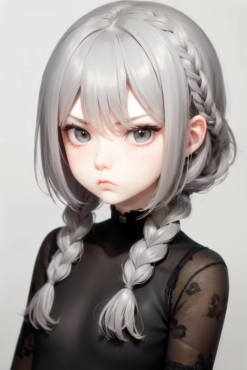 (No background), ((cute)), (Gray Hair), (Braid), , Cute angry face, Pouting