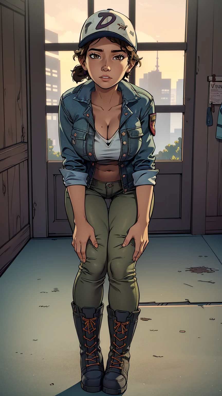 ((masterpiece, best quality)),(complex lighting) ,solo,(((1girl))) ,clementine, light skin,light-skinned female, baseball cap, green cargo pants, brown eyes, tight pants, combat boots, shirt, short hair, one short ponytail, open denim jacket, huge butt, thicc butt , (((8k))), (((full body))), (((bent over))), (((looking at the viewer))), (((view from in front of her))), big breasts, cleavage