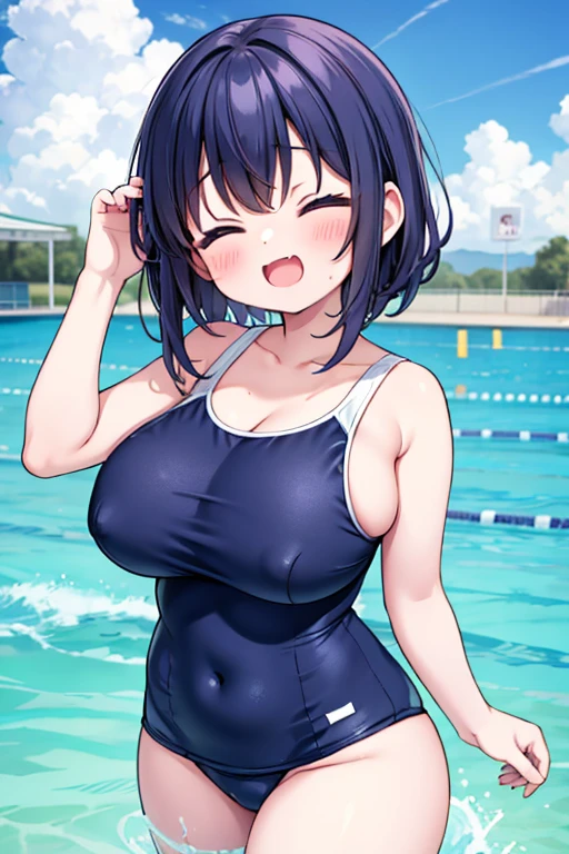 School Swimsuit、、、Short、Very large breasts、Huge breasts、whole body、Close your eyes and laugh、Open your mouth