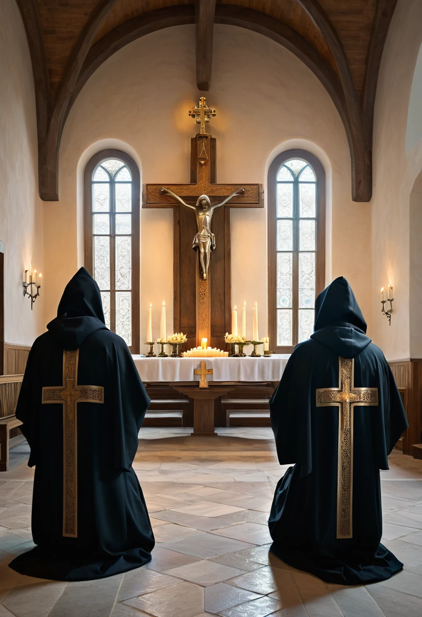 “Create a visual scene that illustrates Catholic priests with hoods, monastery, praying, high resolution, with a hood, in Prayer. Capture serene images of a calm and harmonious environment, with symbolic elements such as lit candles, a cross and the figure of Saint Benedict. security and serenity that this prayer provides."