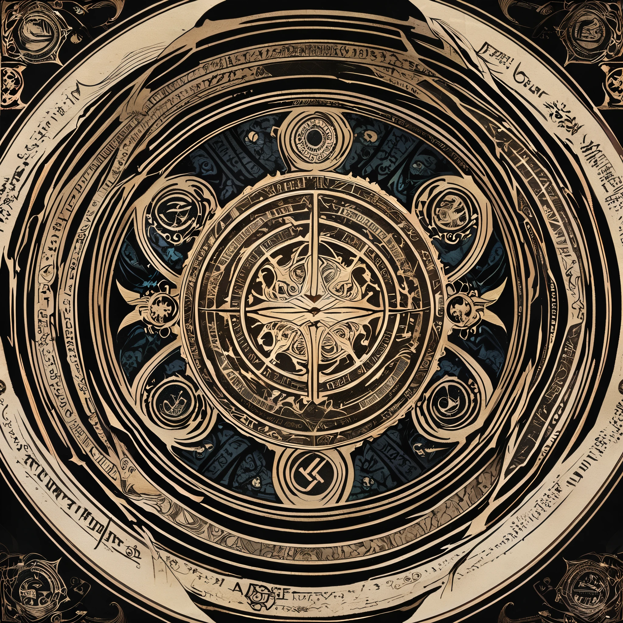 circle, Convoluted, Fantasia, Ancient writings, Black backgroun, Fantastical, magic circles, planar,　fine print, fine shape, bilaterally symmetrical, Geometry learned,  no human, background only, shadowverse style, anime