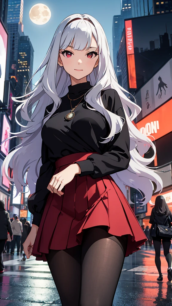 CG, unity, 8k, wallpaper, highest quality, masterpiece, Beautiful woman, 18-year-old, long white hair, white skin, BREAK, white blouse, BREAK, dark red skirt, BREAK, (black pantyhose:1.3), (Realistic:1.2), best lighting, complex pupils, complex textile, detailed background, (There is a moon at the back: 1.3), starry skies, night, In the flower garden
Enterprise, casual clothes, walking, New York Times Square, detailed heterochromia eyes, detailed lips, elegant appearance, confident expression, long silver hair flowing, blunt bangs, straight hair cut, straight bangs cut, glossy silver hair, gray straight shiny hair, luxury hairstyle, clear red right and gray left eyes gazing ahead, trendy outfit, loose white shirt, black leather jacket, ripped jeans, fashionable sneakers, luxury-looking wristwatch, bustling crowd, colorful billboards, towering skyscrapers, vibrant city lights, lively atmosphere, urban landscape, iconic yellow taxis, famous landmarks, Times Square signage, busy streets, tourist hotspot, night scene, best quality, high resolution, ultra-detailed, vivid colors, beautiful evening sky
Red right eye, gray left eye 