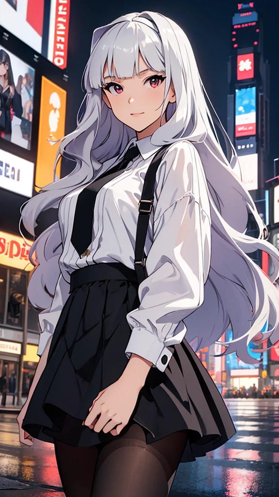 CG, unity, 8k, wallpaper, highest quality, masterpiece, Beautiful woman, 18-year-old, long white hair, white skin, BREAK, white blouse, BREAK, dark red skirt, BREAK, (black pantyhose:1.3), (Realistic:1.2), best lighting, complex pupils, complex textile, detailed background, (There is a moon at the back: 1.3), starry skies, night, In the flower garden
Enterprise, casual clothes, walking, New York Times Square, detailed heterochromia eyes, detailed lips, elegant appearance, confident expression, long silver hair flowing, blunt bangs, straight hair cut, straight bangs cut, glossy silver hair, gray straight shiny hair, luxury hairstyle, clear red right and gray left eyes gazing ahead, trendy outfit, loose white shirt, black leather jacket, ripped jeans, fashionable sneakers, luxury-looking wristwatch, bustling crowd, colorful billboards, towering skyscrapers, vibrant city lights, lively atmosphere, urban landscape, iconic yellow taxis, famous landmarks, Times Square signage, busy streets, tourist hotspot, night scene, best quality, high resolution, ultra-detailed, vivid colors, beautiful evening sky
Red right eye, gray left eye