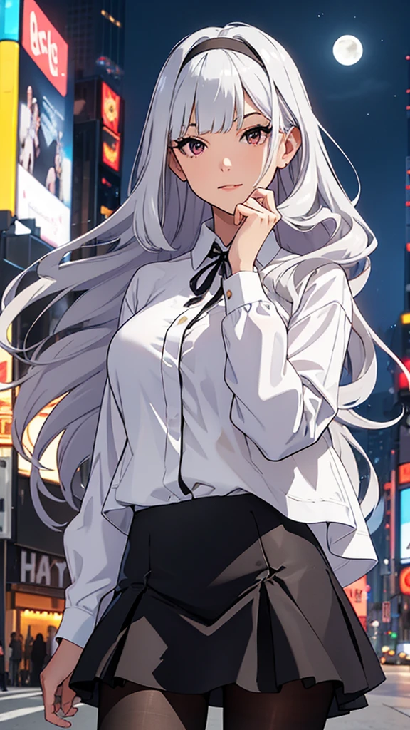 CG, unity, 8k, wallpaper, highest quality, masterpiece, Beautiful woman, 18-year-old, long white hair, white skin, BREAK, white blouse, BREAK, dark red skirt, BREAK, (black pantyhose:1.3), (Realistic:1.2), best lighting, complex pupils, complex textile, detailed background, (There is a moon at the back: 1.3), starry skies, night, In the flower garden
Enterprise, casual clothes, walking, New York Times Square, detailed heterochromia eyes, detailed lips, elegant appearance, confident expression, long silver hair flowing, blunt bangs, straight hair cut, straight bangs cut, glossy silver hair, gray straight shiny hair, luxury hairstyle, clear red right and gray left eyes gazing ahead, trendy outfit, loose white shirt, black leather jacket, ripped jeans, fashionable sneakers, luxury-looking wristwatch, bustling crowd, colorful billboards, towering skyscrapers, vibrant city lights, lively atmosphere, urban landscape, iconic yellow taxis, famous landmarks, Times Square signage, busy streets, tourist hotspot, night scene, best quality, high resolution, ultra-detailed, vivid colors, beautiful evening sky
Red right eye, gray left eye
