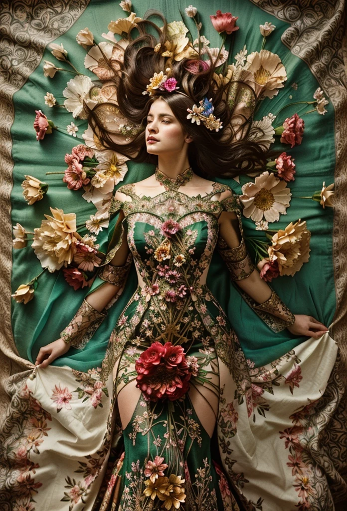 a woman in a dress with flowers on it laying down, lady with glowing flowers dress, covered with flowers, fine art fashion photography, intricate costume design, woman in flowers, intricate gown, flower storm portrait, fine art fashion magazine style, flower goddess, floral couture, covered in flowers, art nouveau fashion photography, ornate dress, an intricate dress, inspired by james christensen