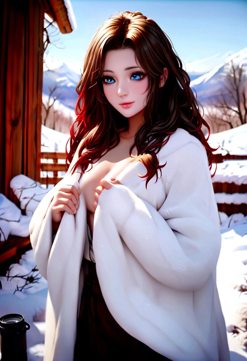 (best quality, ultra-detailed, realistic:1.37, 8k, 4K), 23 year old Swedish female, dyed red hair, medium length extremely curly layered hairstyle, bright blue eyes, high cheek bones, pale skin tone, shot on a Canon EOS R6 Mark II camera,
The perfect winter atmosphere is a blend of serene tranquility and gentle activity. Picture a landscape blanketed in pristine white snow, glistening under the soft glow of sunlight or moonlight. The air is crisp and clean, carrying the scent of pine and woodsmoke. A cozy cabin with a crackling fire invites warmth and comfort, while outside, the silence is occasionally broken by the soft crunch of footsteps on snow. It's a time for hot cocoa, fluffy blankets, and the beauty of nature in its quietest, most magical state.