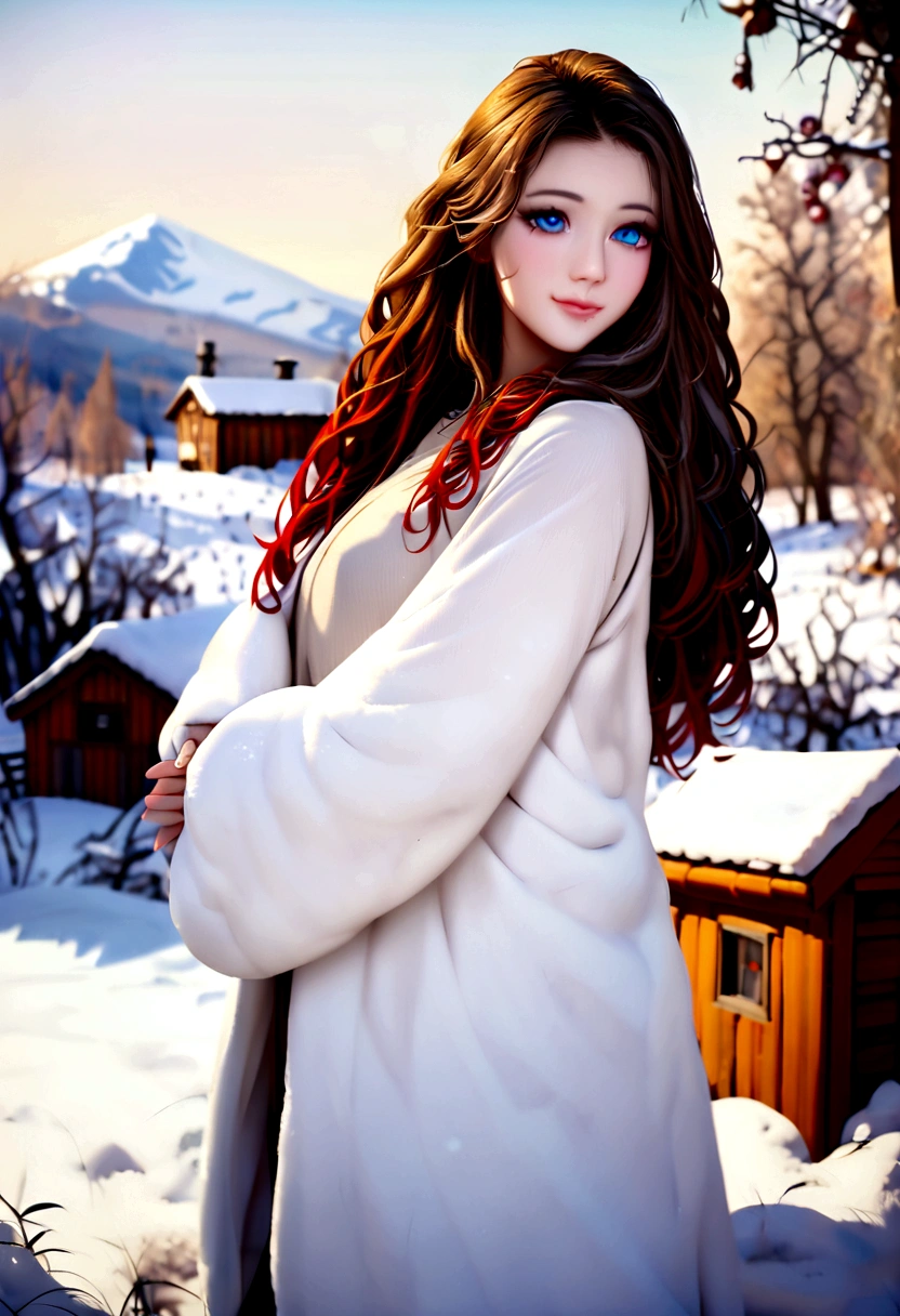(best quality, ultra-detailed, realistic:1.37, 8k, 4K), 23 year old Swedish female, dyed red hair, medium length extremely curly layered hairstyle, bright blue eyes, high cheek bones, pale skin tone, shot on a Canon EOS R6 Mark II camera,
The perfect winter atmosphere is a blend of serene tranquility and gentle activity. Picture a landscape blanketed in pristine white snow, glistening under the soft glow of sunlight or moonlight. The air is crisp and clean, carrying the scent of pine and woodsmoke. A cozy cabin with a crackling fire invites warmth and comfort, while outside, the silence is occasionally broken by the soft crunch of footsteps on snow. It's a time for hot cocoa, fluffy blankets, and the beauty of nature in its quietest, most magical state.