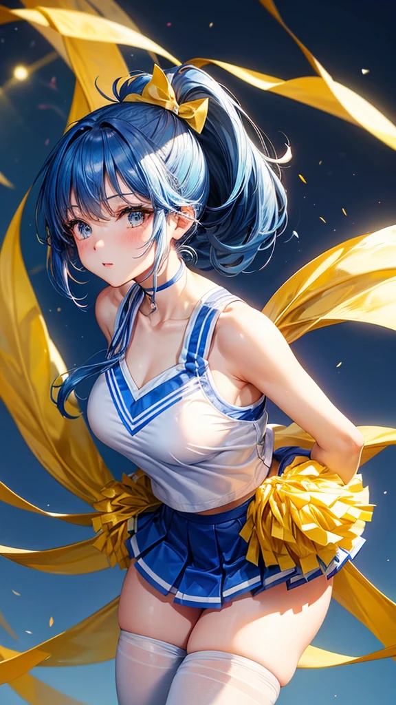 Beautiful woman dressed as a cheerleader、Blue hair ponytail、White cheergirl clothes、Yellow secondary color、The arms and neck are covered with white tights、don't wear pants、Y-shaped leg pose