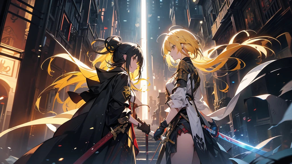 A yellow-haired female swordsman with a long sword is fighting demons in a dark dungeon