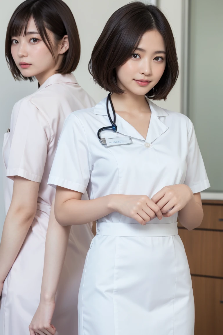 1 Girl,(Wearing white nurse clothes:1.2),(RAW Photos, Highest quality), (Realistic, photo-Realistic:1.4), masterpiece, Very delicate and beautiful, Very detailed, 2k wallpaper, wonderful, finely, Very detailed CG unity 8k wallpaper, Very detailedな, High resolution, Soft Light, Beautiful detailed girl, Very detailed eyes and face, Beautiful and detailed nose, finely beautiful eyes, nurse, Perfect Anatomy, Black Hair, Upstyle, nurse uniform,  Long skirt, nurse, White costume, thin, hospital, clear, White Uniform, hospital room, Neck auscultation,Bobcut、Flip up the skirt、20th Generation、smile、I have a  on my face、There&#39;s liquid on my face、There&#39;s liquid on my face、There&#39;s liquid on my face、Lying in bed、Sleeping on your back