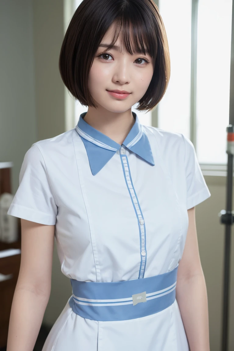 1 Girl,(Wearing white nurse clothes:1.2),(RAW Photos, Highest quality), (Realistic, photo-Realistic:1.4), masterpiece, Very delicate and beautiful, Very detailed, 2k wallpaper, wonderful, finely, Very detailed CG unity 8k wallpaper, Very detailedな, High resolution, Soft Light, Beautiful detailed girl, Very detailed eyes and face, Beautiful and detailed nose, finely beautiful eyes, nurse, Perfect Anatomy, Black Hair, Upstyle, nurse uniform,  Long skirt, nurse, White costume, thin, hospital, clear, White Uniform, hospital room, Neck auscultation,Bobcut、Flip up the skirt、20th Generation、smile、I have a  on my face、There&#39;s liquid on my face、There&#39;s liquid on my face、There&#39;s liquid on my face、Lying in bed、Sleeping on your back