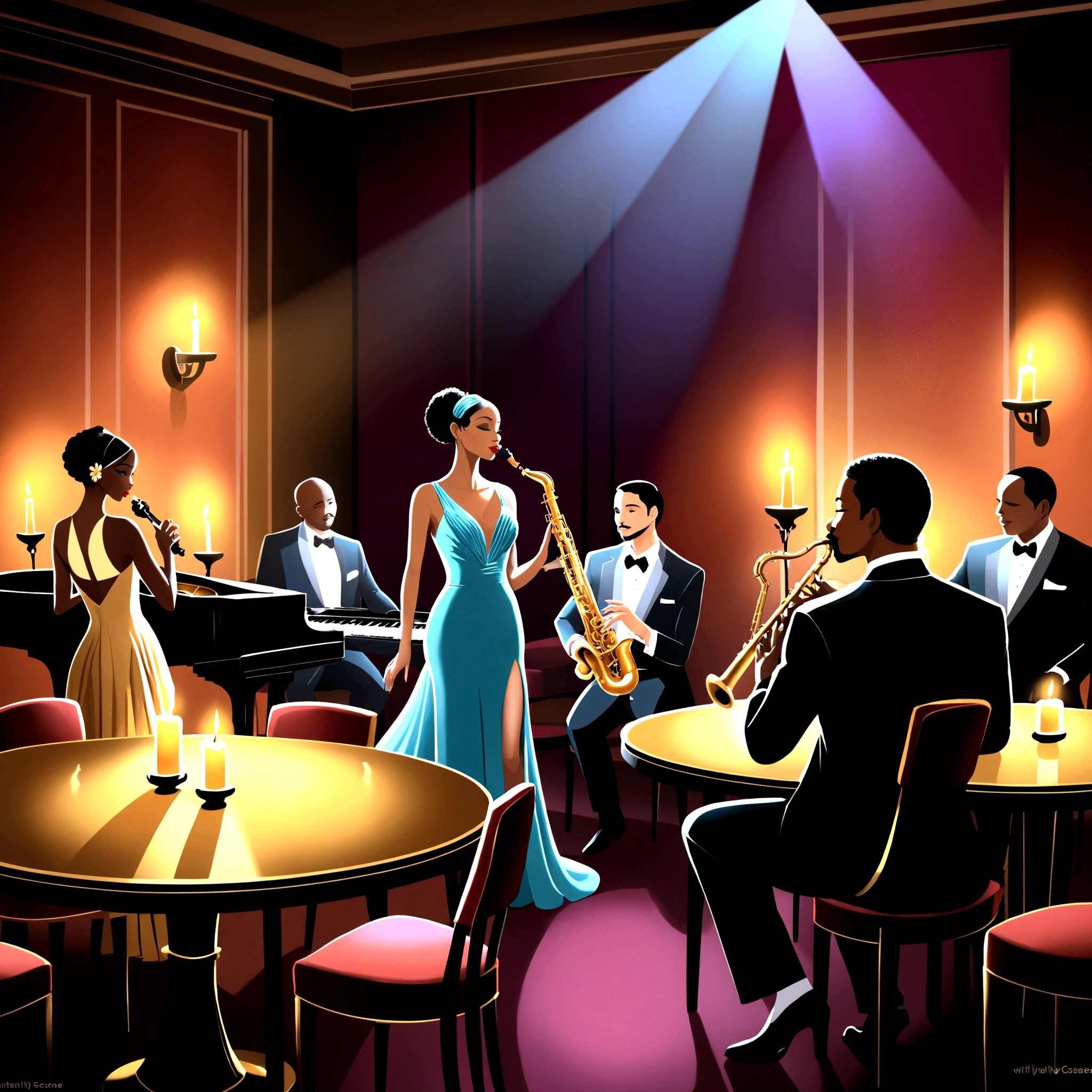 A lively scene set in a chic, dimly lit lounge where a band performs a fusion of bossa nova and jazz. The lead singer, dressed in an elegant evening gown, sways rhythmically to the soothing melodies. A saxophonist and a guitarist play harmoniously, their music filling the room with warm, mellow tones. The audience, seated at round tables adorned with candles, sips on cocktails and enjoys the sophisticated atmosphere. The ambiance is intimate and relaxed, with soft lighting casting gentle shadows, creating an inviting and sophisticated environment perfect for an evening of musical delight.