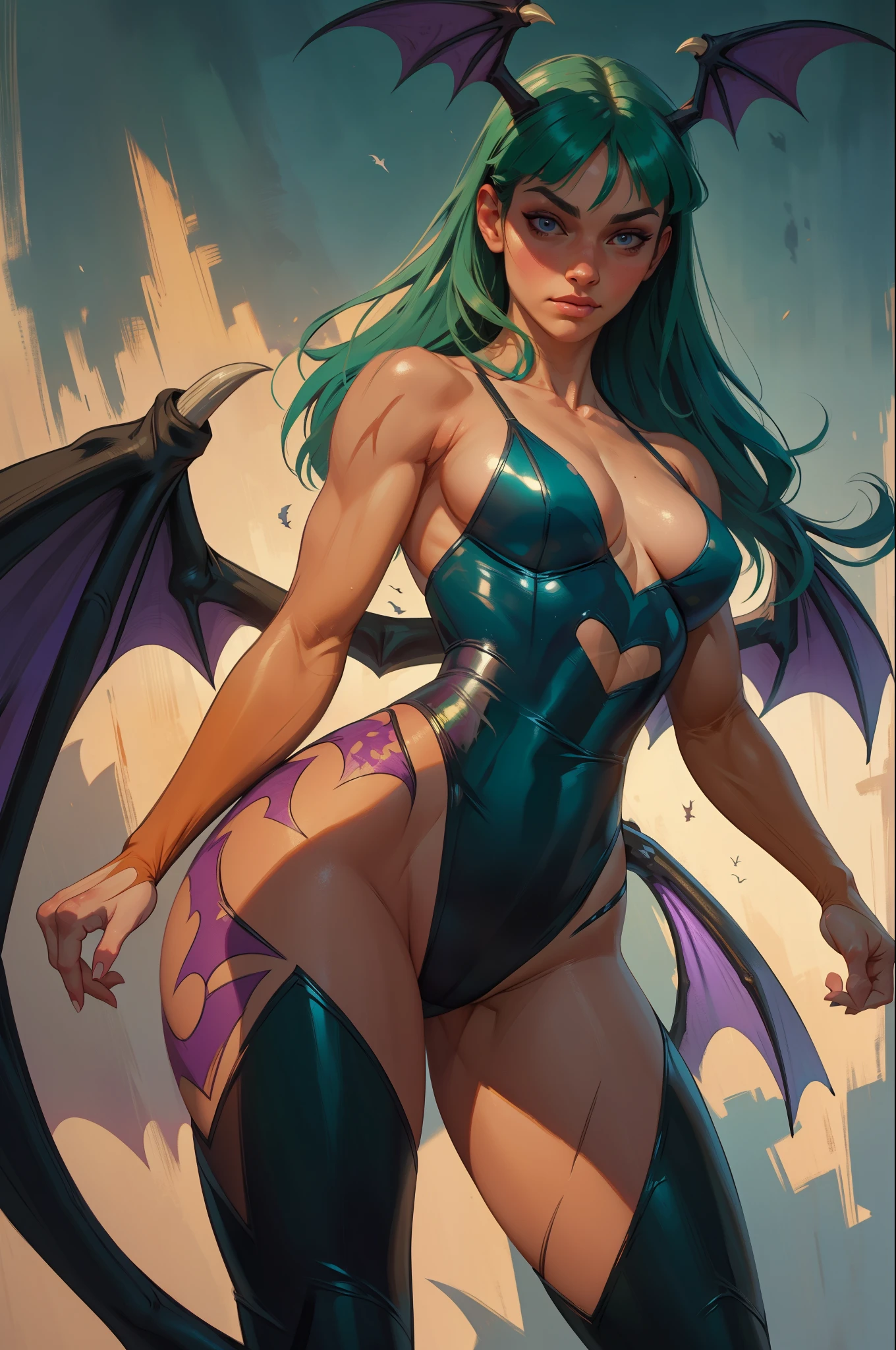 Realistic oil paint, Morrigan Aensland, hot athletic body, dynamic pose, long green hair, ((Bat_wings)), ((camel_toe)), purple legs, detailed skin texture, detailed face, realistic light and shadows, cinematic lighting, abstract background