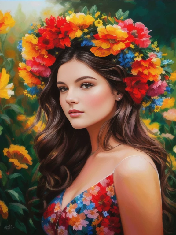 painting of a woman with a wreath in a field of flowers, in a oil painting style, digital art oil painting, detailed color portrait, beautiful portrait oil painting, in the style of digital painting, vibrant digital painting, stunning digital painting, digital painting style, oil painting style, cute digital painting, oil painting style, color digital painting, digital oil painting, woman in flowers