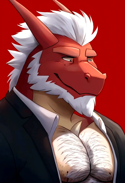 Old red dragón with beard and white hair, wearing an unbuttoned shirt showing his hairy belly on his chest