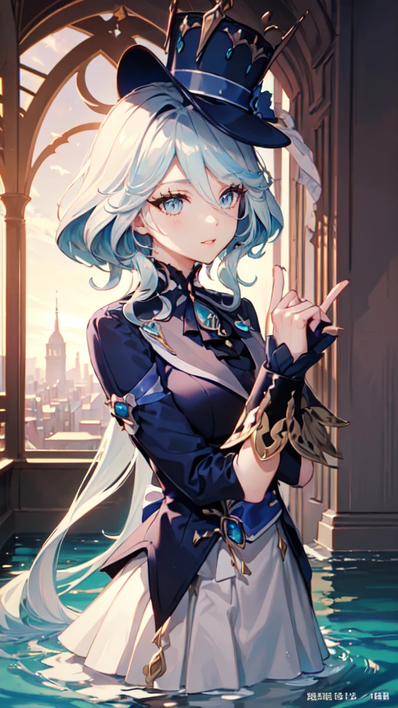 (White skirt),(((Wearing a small black hat)))Forrina, Surrealism, 8K, Super Detail, Hydraulic Archon, permanent, Naughty face, smug, beautiful eyes, masterpiece, high resolution, 8K, Anime woman, The writing is delicate and meticulous 、Detailed digital illustration、(((Genshin Impact))、Shiny hair、A very beautiful woman、High image quality, high quality、Detailed background、The inside of the eye sparkles like a diamond、(((Blue Hair)))、(((Scan your fringe)))、Gradient pupil、(((2 arms、4 fingers, 1 thumb)))、Detailed female face、A very beautiful woman、、Detailed background、masterpiece、Soft Focus , Bright gradient watercolor , lens flare , (((flash))) , glow , excellent ,、((Very beautiful light blue rose hair accessories)), Long skirt,City background,Standing in water swimming