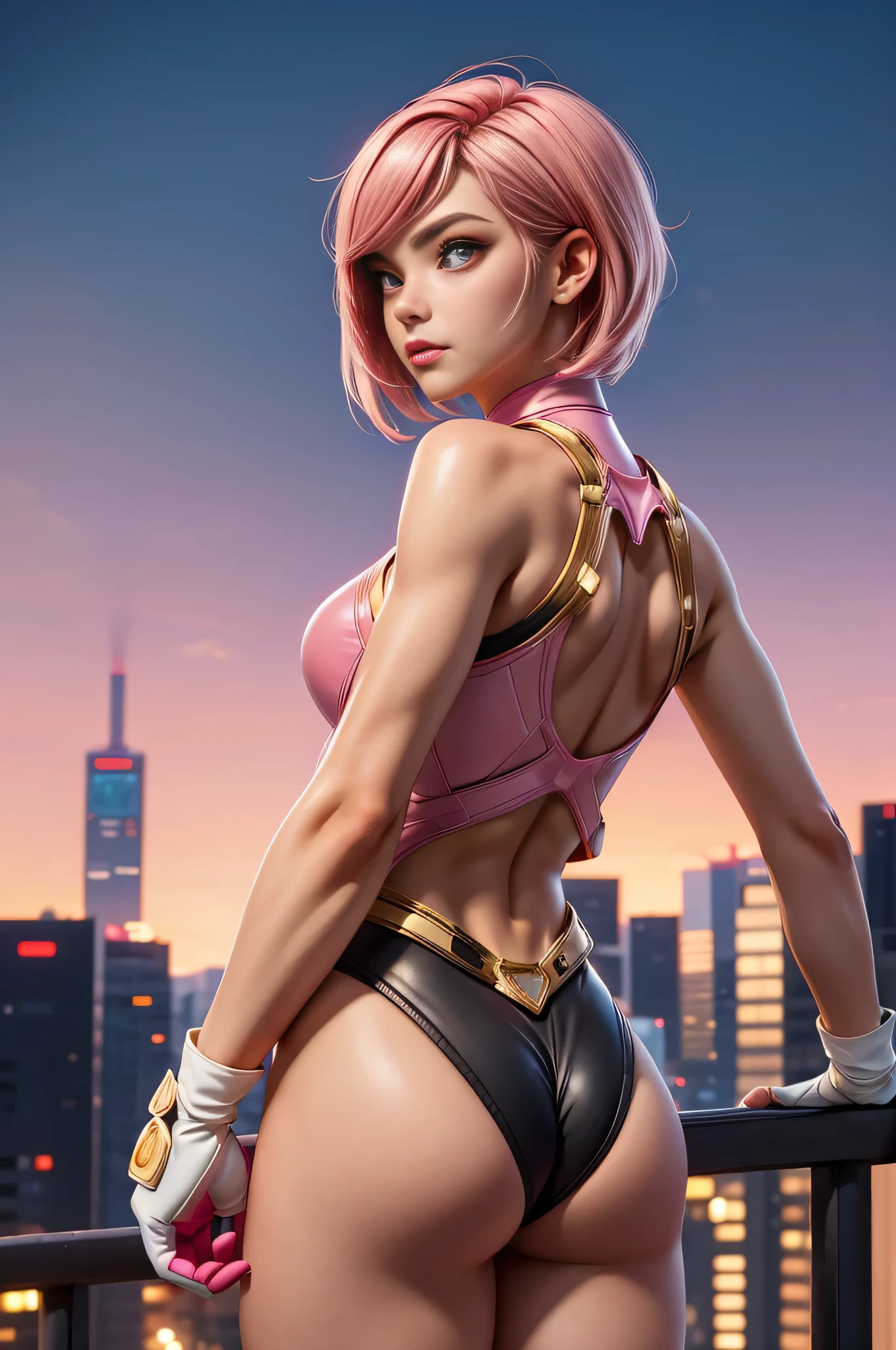 1girl, medium breasts, leotard, pink and black leotard, bare legs, tight belt, gold belt, gloves, white glove,
city backdrop, tokyo city backdrop, solo, single, hands on hip, cowboy shot, superhero, beautiful detailed eyes, 20 year old girl,
gold symbol on chest, pink hair, short hair, bob hair, bright glowing pink eyes, sleeveless, perfect anatomy, masterpiece, (rear view)