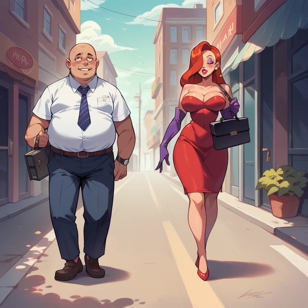 Jessica Rabbit is walking with a fat old man, she has big tits and a big ass, she dresses like a secretary, he wears a shirt and tie, he is bald, he carries a briefcase, street