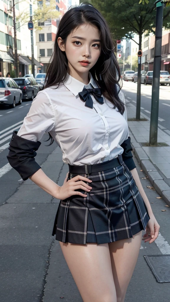 Best Quality, Masterpiece, The ultra-Highres, (Photorealistic:1.4), Raw foto, (perfect body figure), (Slim:1.2), Dynamic Pose, 1Girl, (Full-figured:0.9), Solo, Big breasts, Sagging breasts, school uniformss, plaid mini skirt, Dark In, natta, on a street, Deep Shadow, Low Key, Cold light 12000K