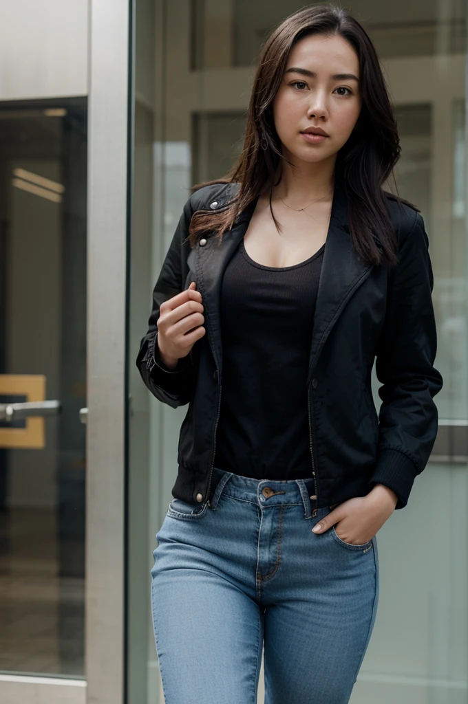 Jessica Henwick, black jacket, blue jeans
