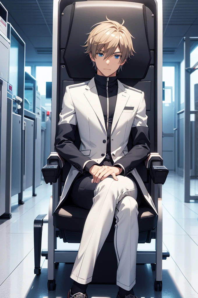 male character. seated. in a school. futuristic scenery