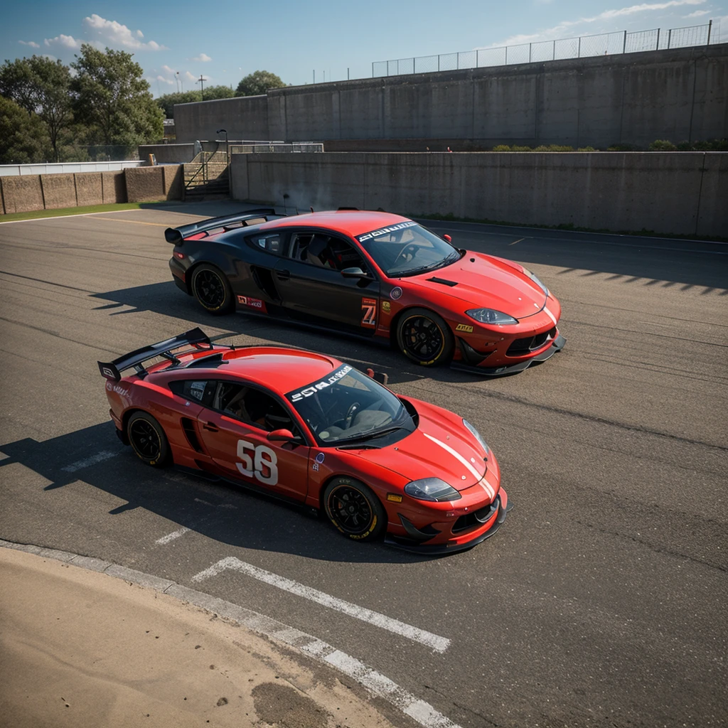 Create a picture with famous cars on a race track with smoking tires