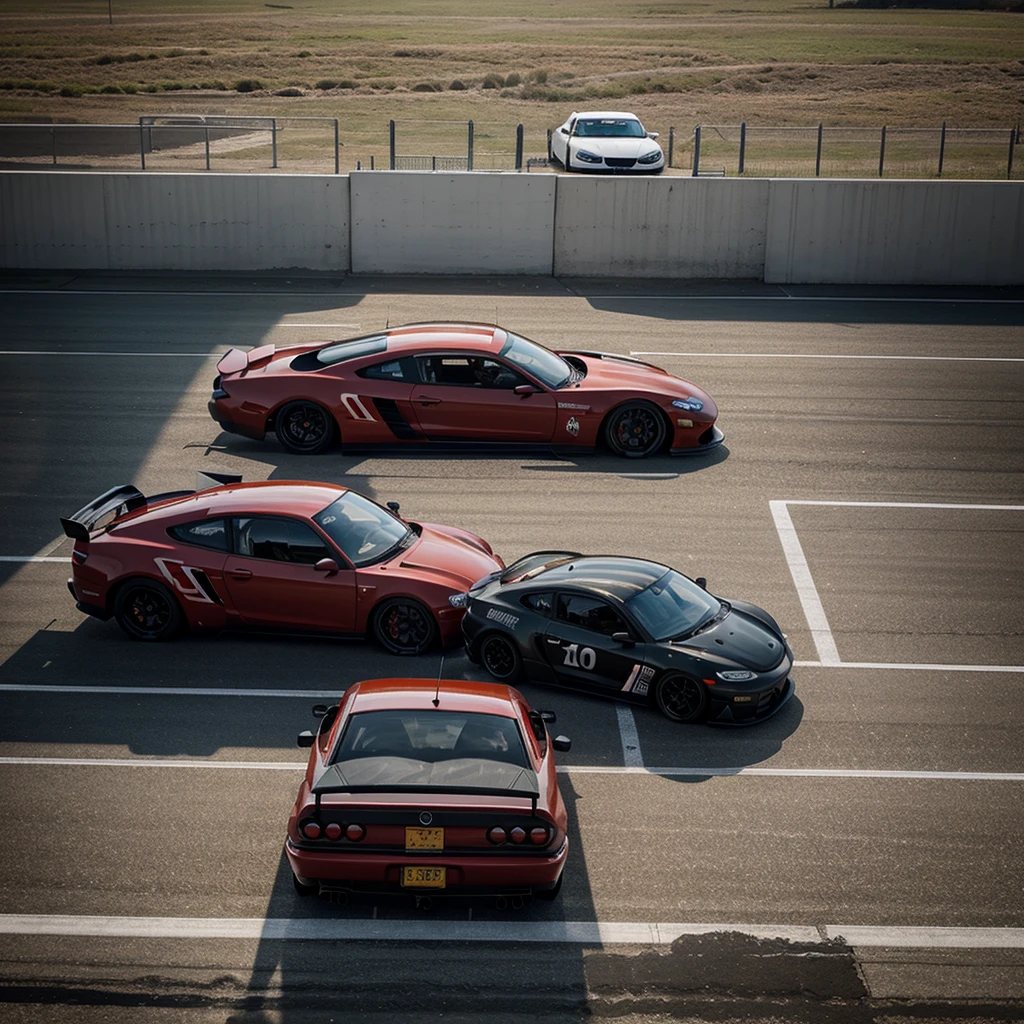 Create a picture with famous cars on a race track with smoking tires