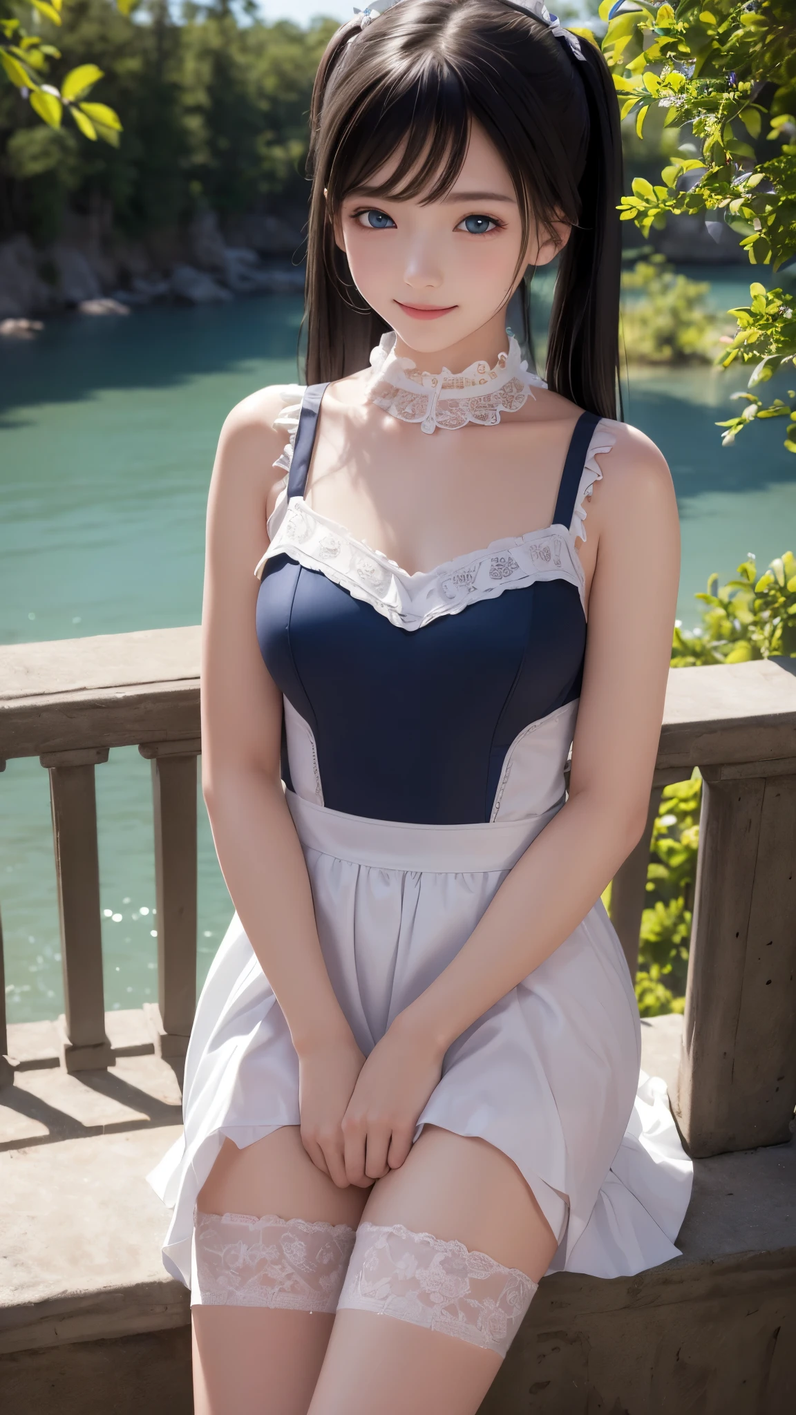 ((masterpiece)), ((highest quality、Ultra high definition)), (Very detailed),8K、Photo quality、((Amazingly cute girl)),( ), Two people, , (Beautiful emerald blue eyes), ((smile)),In the open-air bath overlooking the sea, Beautifully arranged black hair in twin tails、whole body、Cute lolita maid stylimsuit))、Professional Lighting、(White lace knee-highore detailed and beautiful)、(More details and cutenesore realistic)、(((Just wear light clothing)))、