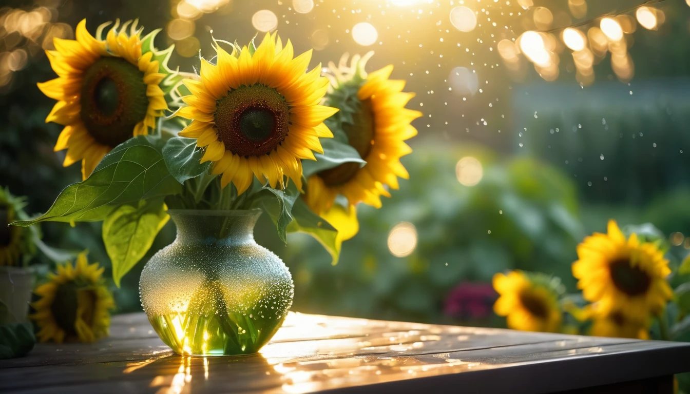 luxurious sunflowers  in the vase, dew, bokeh ,garden in the background, cinematic light, realistic photo, 8k