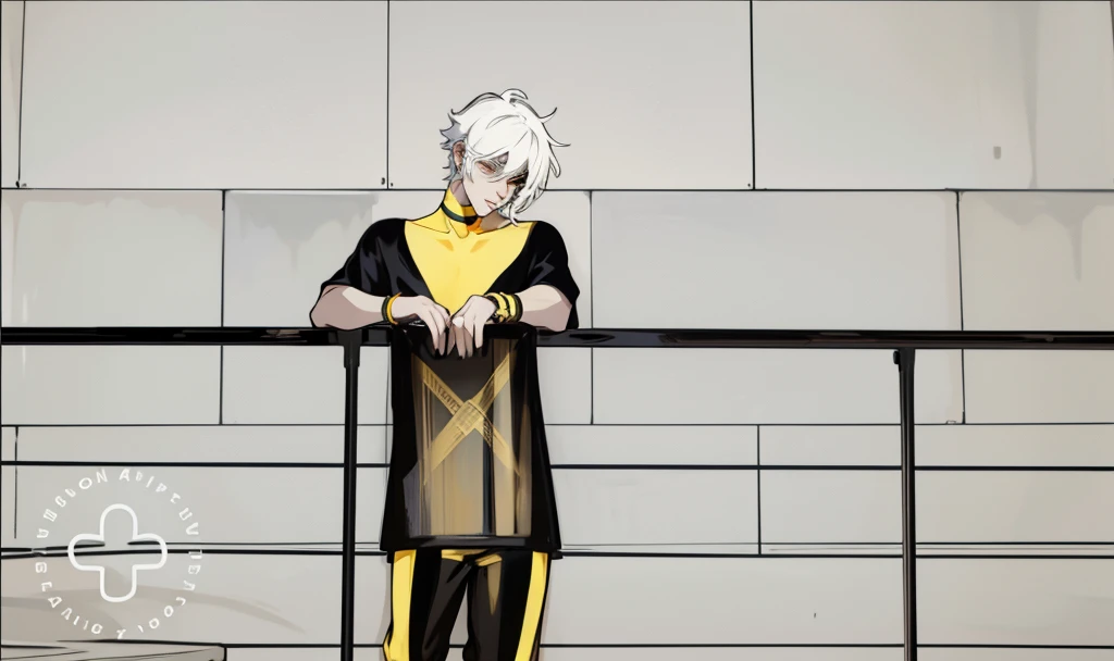 There is a young man, 28 years old, with white hair, on a balcony, he has black clothes with yellow, he has bracelets and a gold cello.