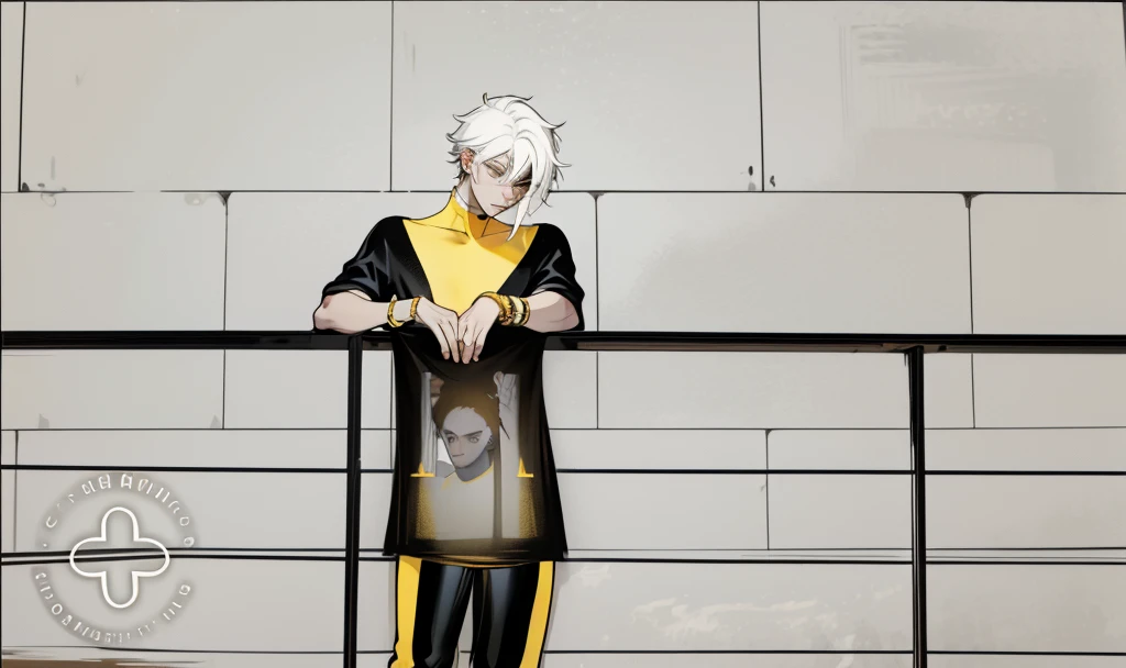 There is a young man, 28 years old, with white hair, on a balcony, he has black clothes with yellow, he has bracelets and a gold cello.