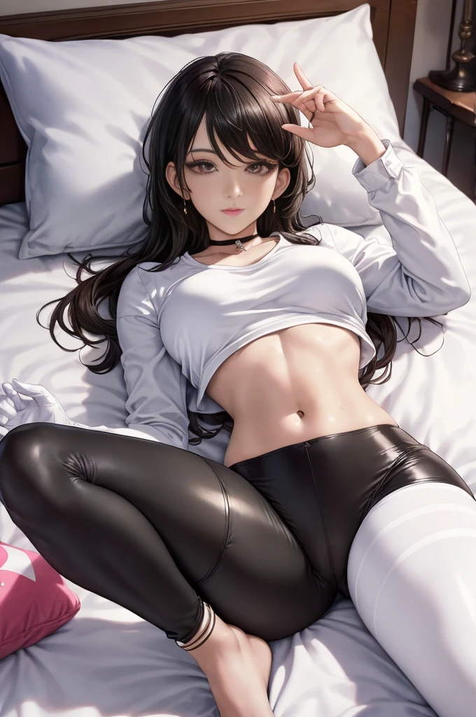 1 woman, YOUNG, Being in a hotel，(Lying on her back in bed:1.4)，(Open your legs:1.4)，(legs are raised :1.5)，(top down view)，
（（（Masterpiece）））， （（The best quality））， （（intricate details））， （（ultra-realistic realism））， 4k resolution， Transparent， Very detailed， lightning， 1 girl， （（big breasts））， (pink areola)，perfect hand， detailed finger， Beautiful detailed eyes，wavy curly black hair， with brown eyes， (White crop top)，(Breasts come out of clothes.), choker:1.6, white long sleeve button up shirt, shiny black leggings, leggings covering legs, black elbow length gloves， Bedrooms， Perfect eyes， seductive eye，raised buttocks，flushed face，(beautiful:1.2)，seductive eyes