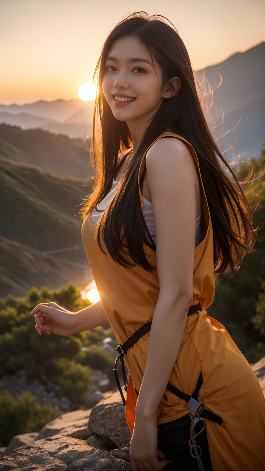 NSFW, ray tracing, radio city, Anisotropic filtering, 16,000, best quality, 1 girl, alone, mature, beautiful climber, Hiking clothes, gradient long hair, mountaineering equipment、laugh、orange sunset、big bust、valley