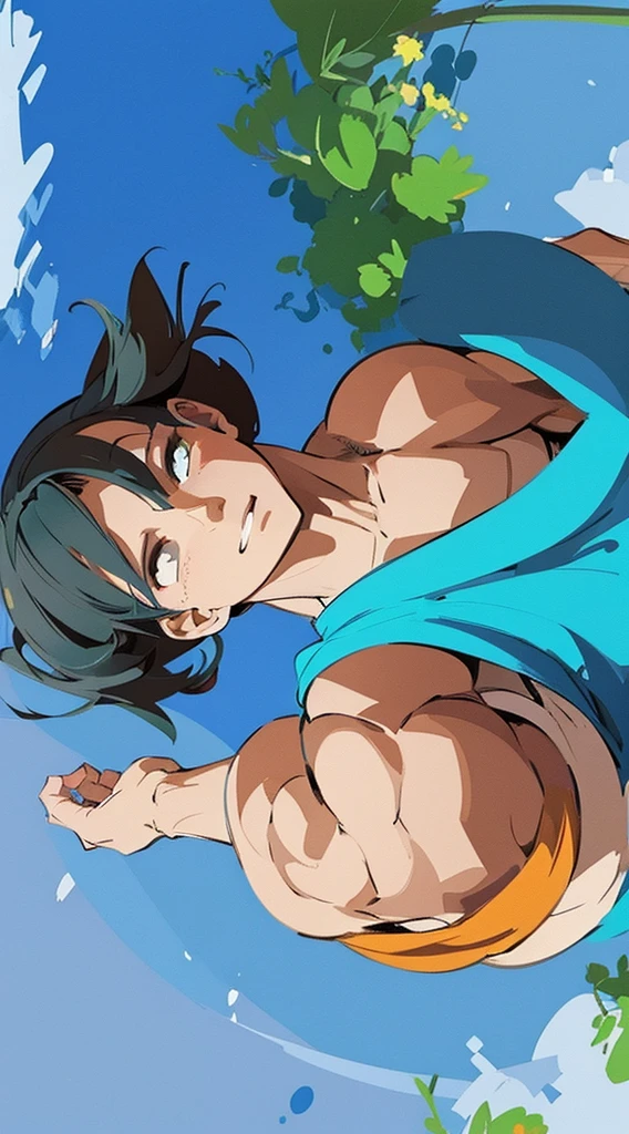 (in Flat Colors, Cel Shading, Limited Palette, Simplified Lighting), (keep the pose), (muscular and trained body).