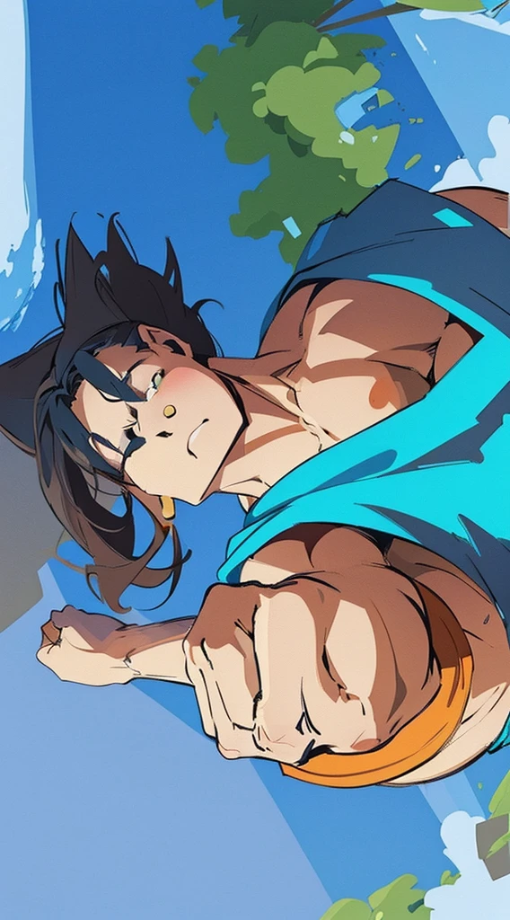 (in Flat Colors, Cel Shading, Limited Palette, Simplified Lighting), (keep the pose), (muscular and trained body).