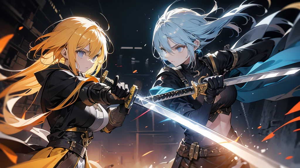 A yellow-haired female swordsman with a long sword is fighting a demon in a dark dungeon