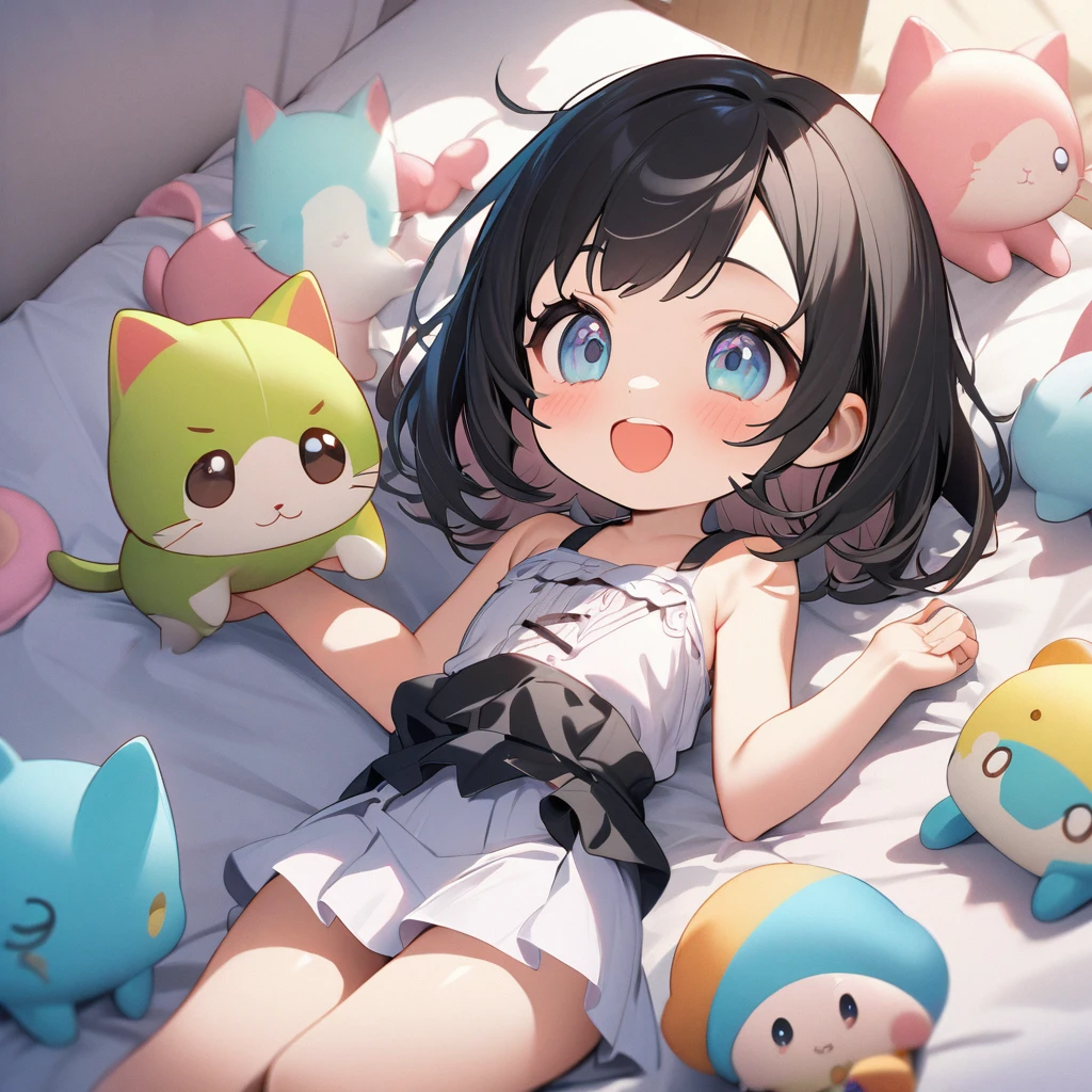 masterpiece、Highest quality、Depth of subject、((2D illustration))、1 beautiful girl、((colorful))、(((chibi style)))、((Long, beautiful hair))、light black hair、ribbon、cute、Beautifully detailed eyes、Tank top、((mini skirt))、(((vivid color))、((bed))、stuffed toy、((medium shot))、((Very happy face))、((Holding a kitten))、((There&#39;s a lot of pink around))、((Lens flare))、White light is shining、Sunbeam、My whole body was filled with light、Cinematic lighting、Full body lighting