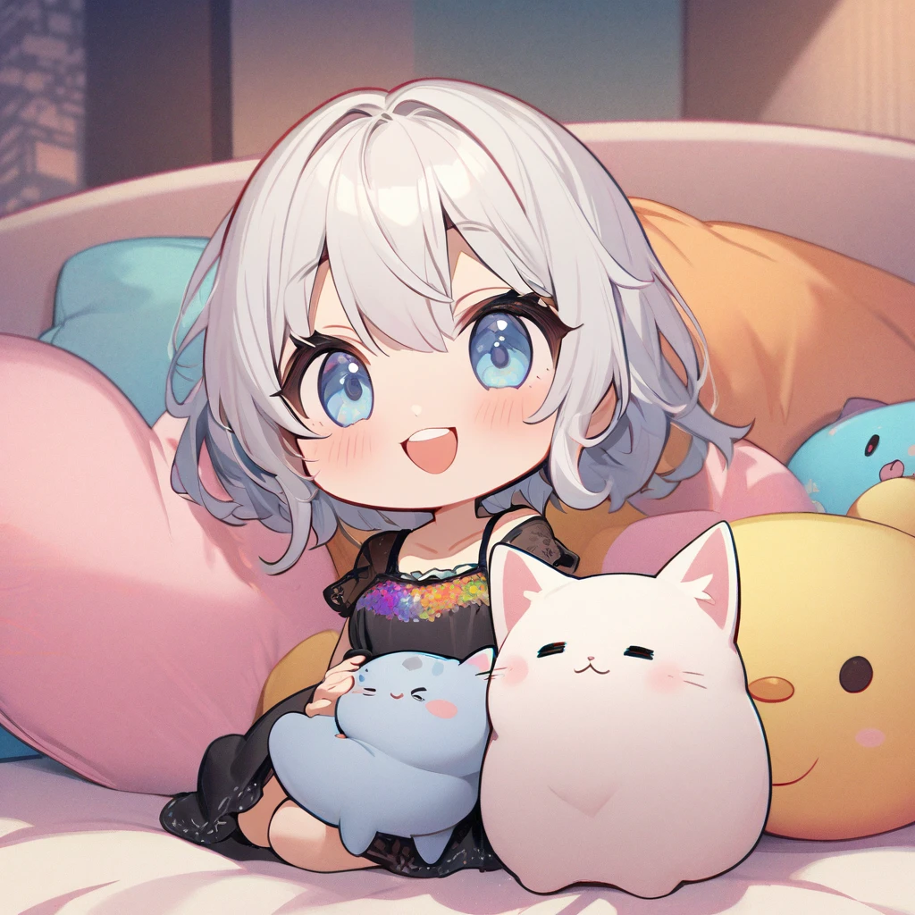 masterpiece、Highest quality、Depth of subject、((2D illustration))、1 beautiful girl、((colorful))、(((chibi style)))、((Long, beautiful hair))、light black hair、ribbon、cute、Beautifully detailed eyes、Tank top、((mini skirt))、(((vivid color))、((bed))、stuffed toy、((medium shot))、((Very happy face))、((Holding a kitten))、((There&#39;s a lot of pink around))、((Lens flare))、White light is shining、Sunbeam、My whole body was filled with light、Cinematic lighting、Full body lighting
